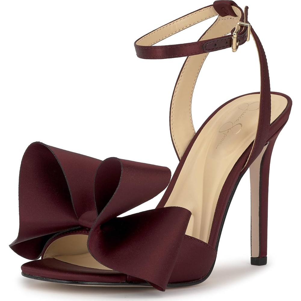 image:imageJessica Simpson Womens Olivine Bow Heeled SandalDark Cherry Matte Satin