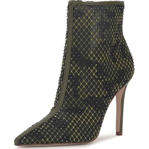 Jessica Simpson Women’s Pazra Embellished Stiletto Bootie(Deep Moss Combo Camo Fishnet)
