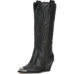 Jessica Simpson Women’s Zuliena Pointed Cap Toe Western Boot(Black Faux Soft Nappa Silk)